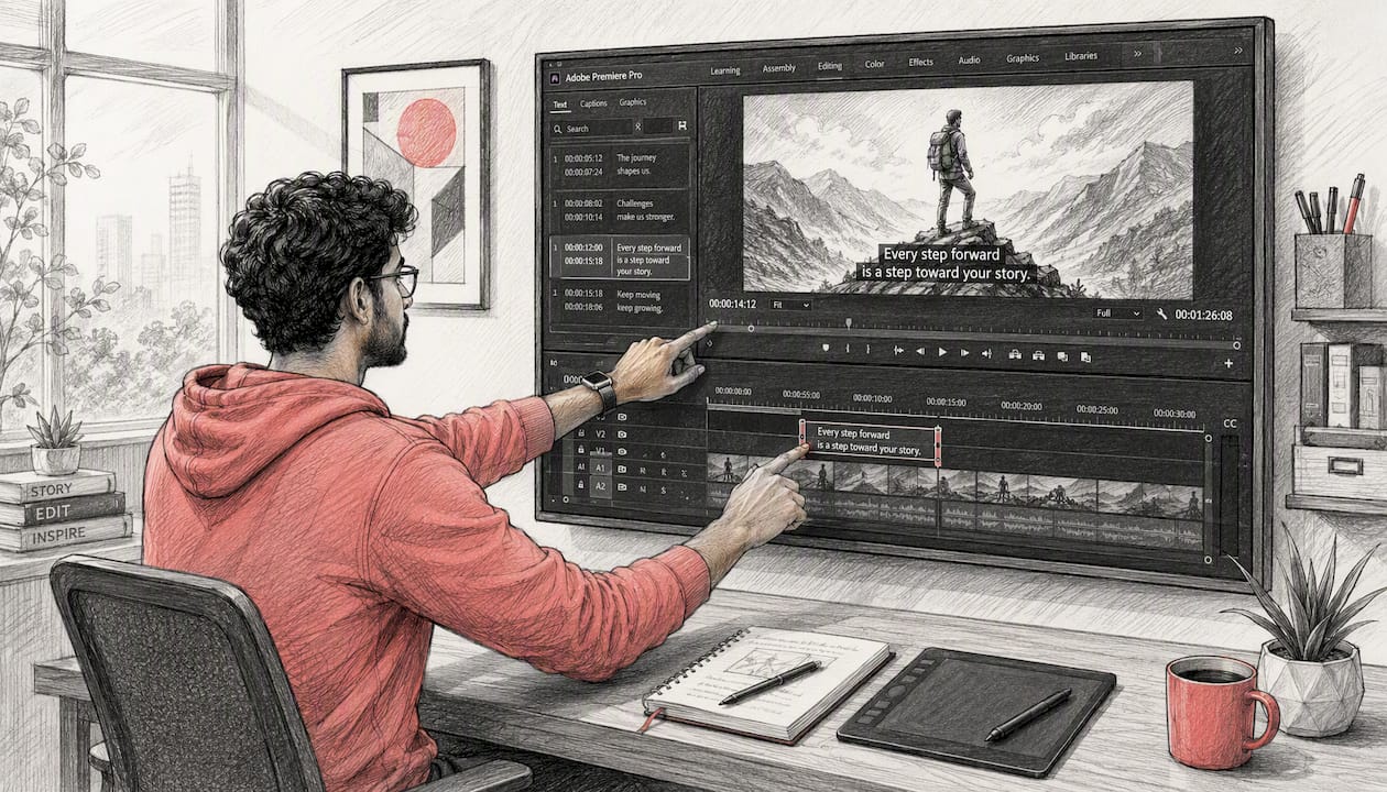 Hands adjusting subtitle timing in Premiere