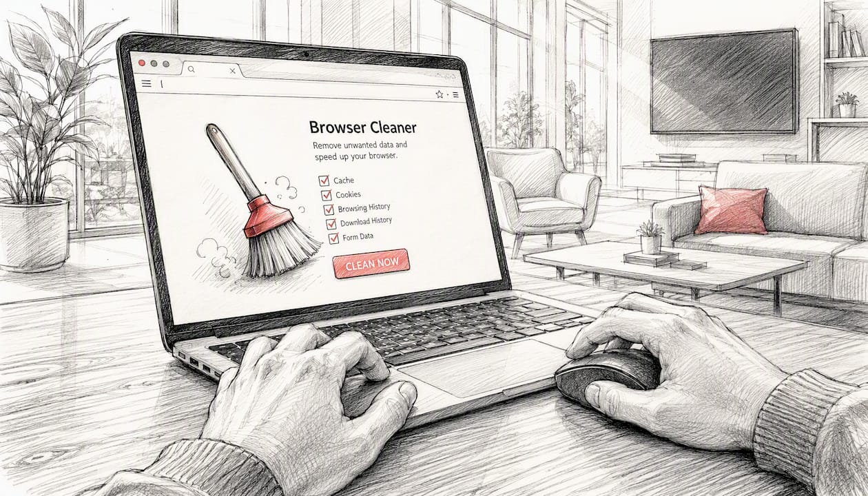 Hands using browser cleaner tool on computer