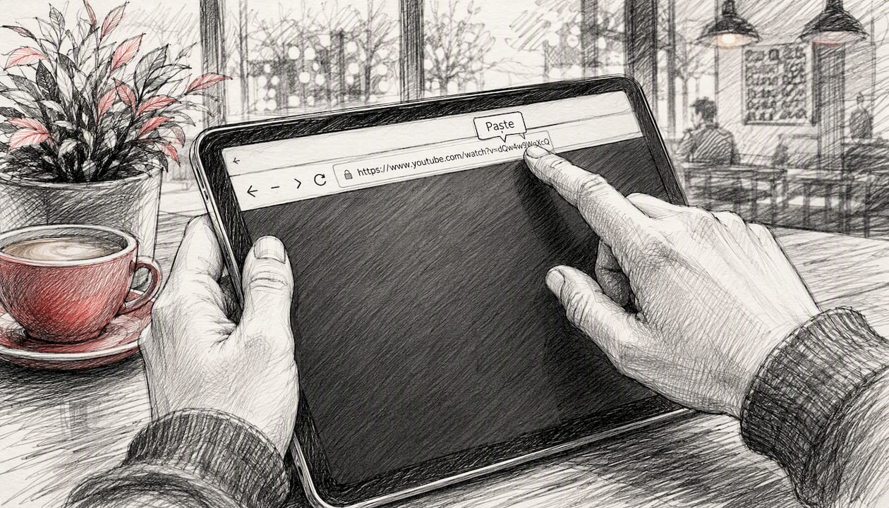 Hands pasting YouTube URL into browser
