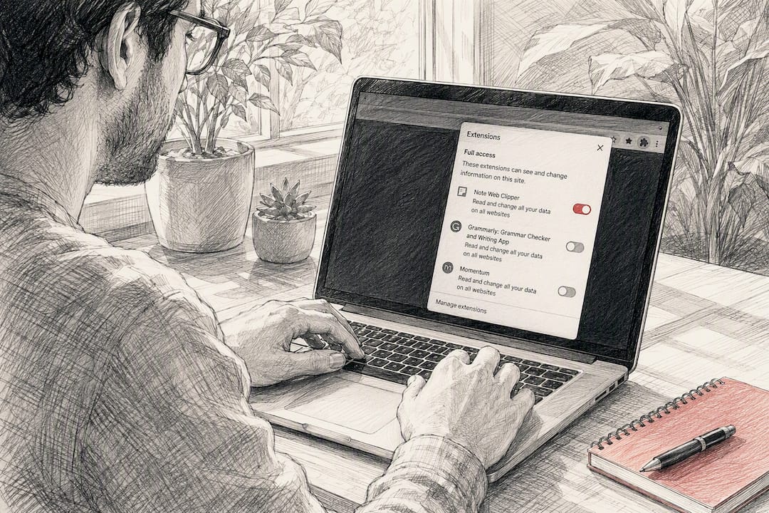 Hands reviewing browser extension permissions