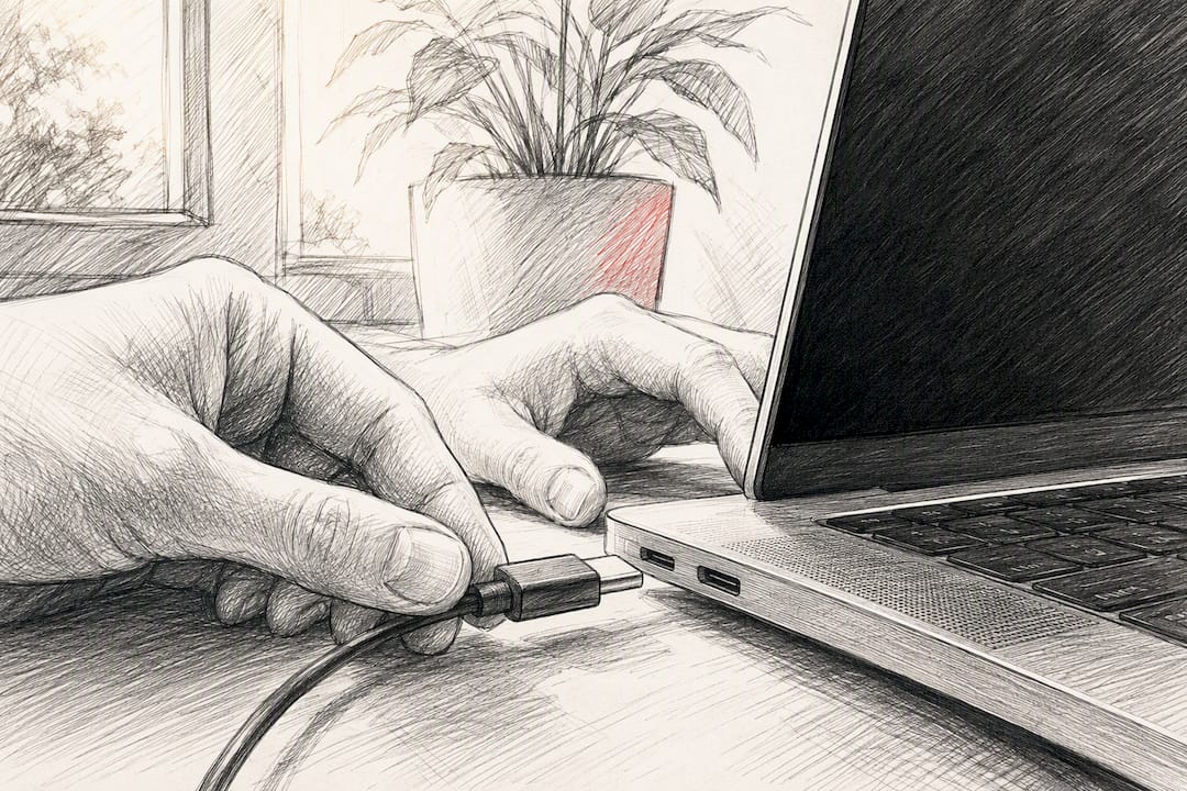 Hands plugging cable into laptop for video upload