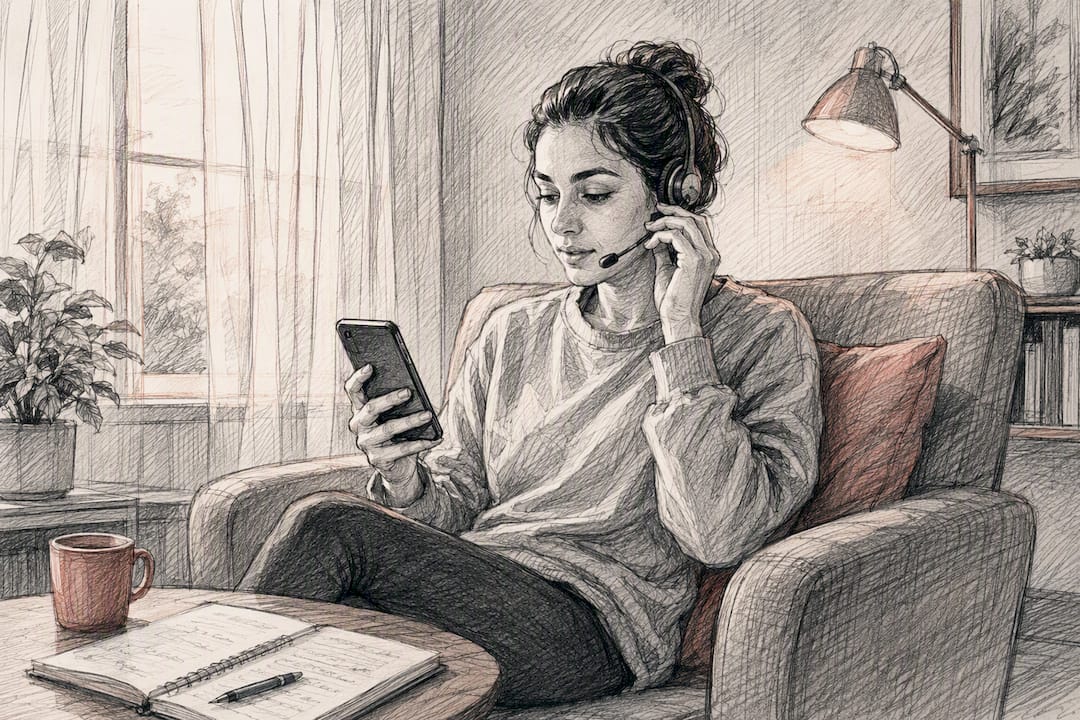Person adjusting wireless headset near smartphone
