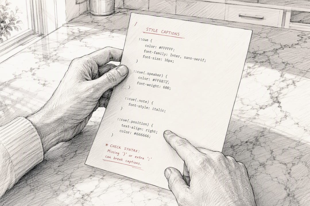 Hands adjusting caption styling printout carefully