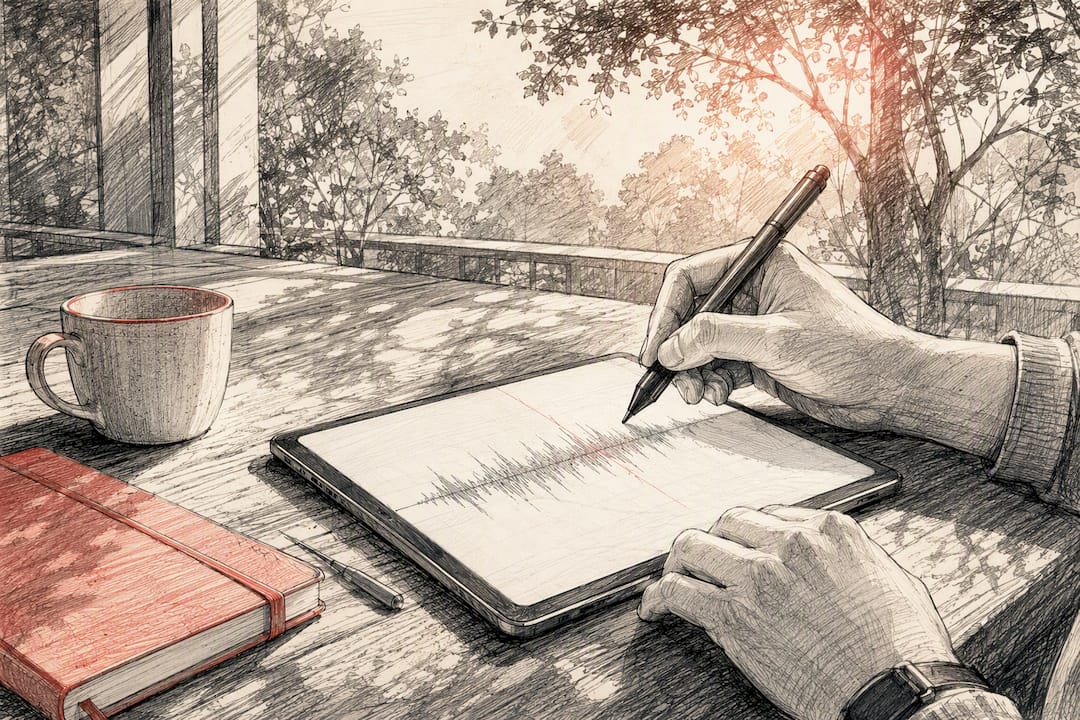 Hands editing transcript on digital tablet