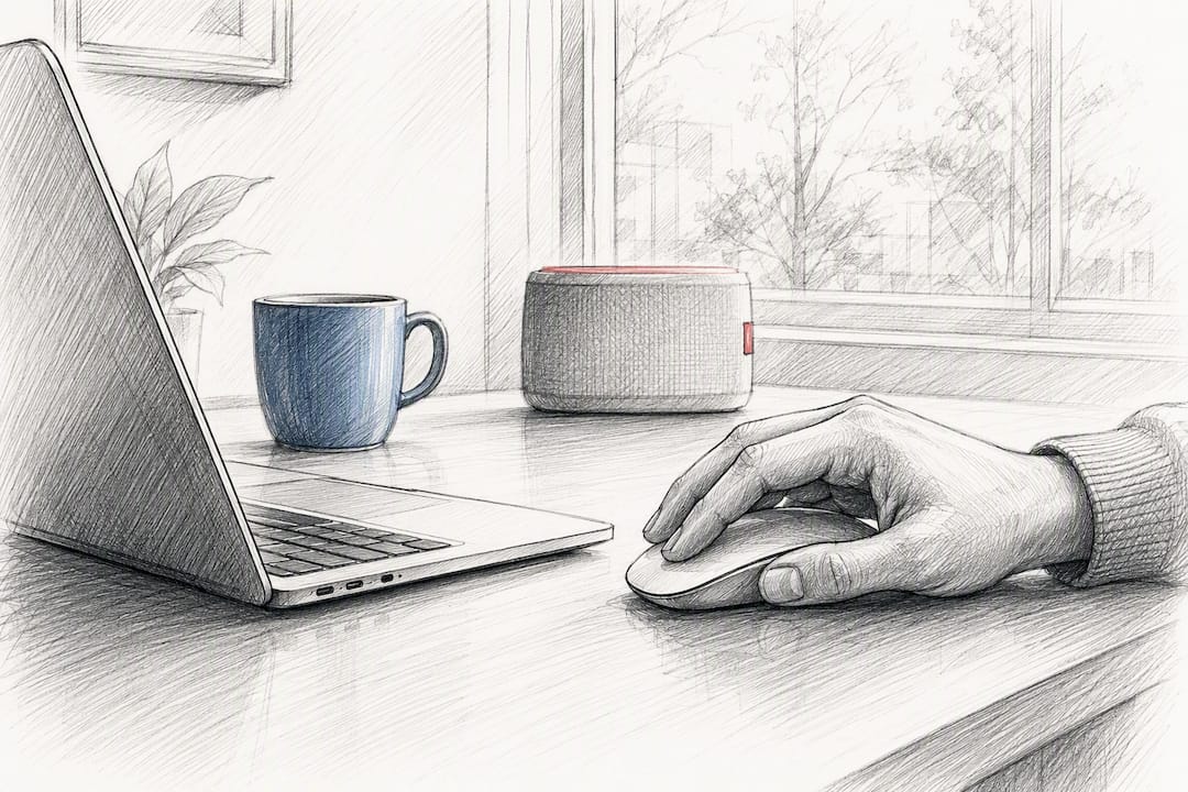 Hand clicking mouse near closed laptop on desk