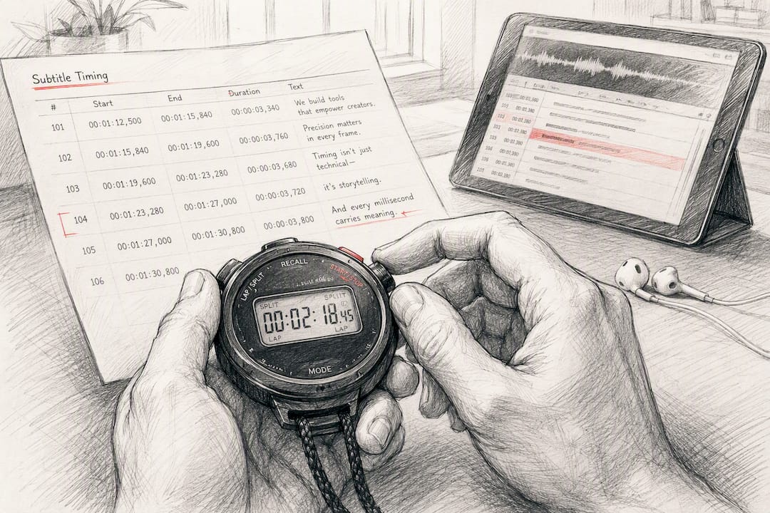 Hands adjusting timer and subtitle timing paper